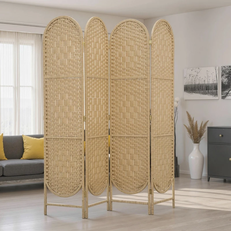 HOMCOM Biombo Separador de Ambientes 4 Paneles 160x170 cm con Parte Superior Arqueada Tejido a Mano Divisor Plegable Natural