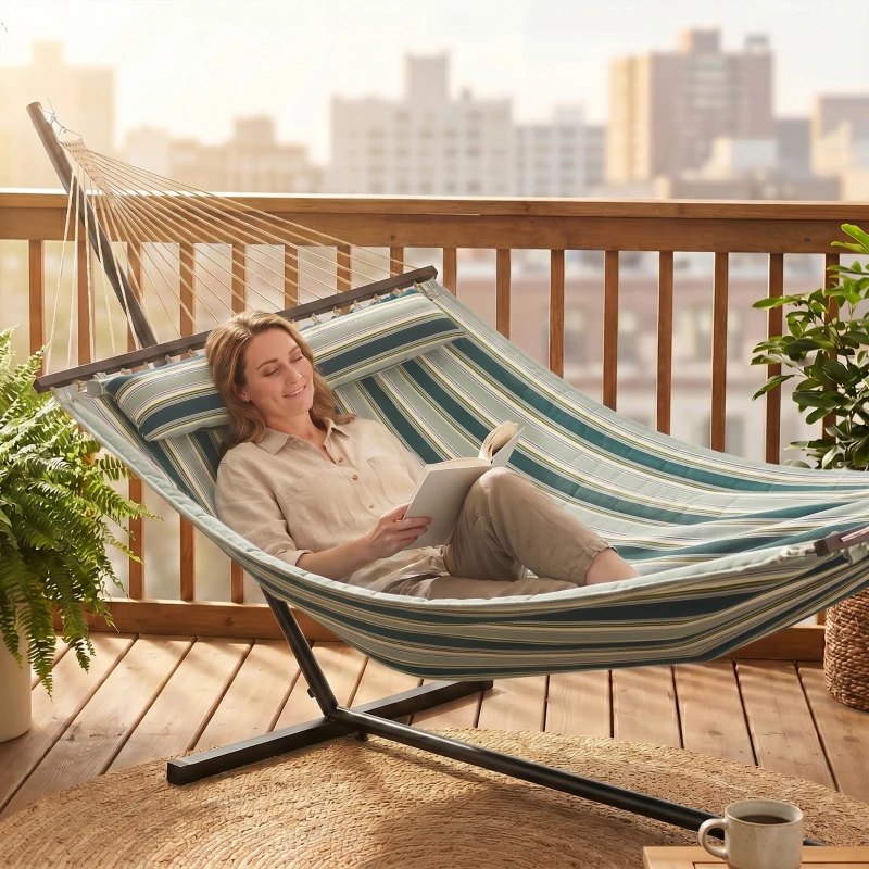 Outsunny Hamac sur pied 353 cm, hamac avec support acier avec coussin amovible et barres d'écartement, vert