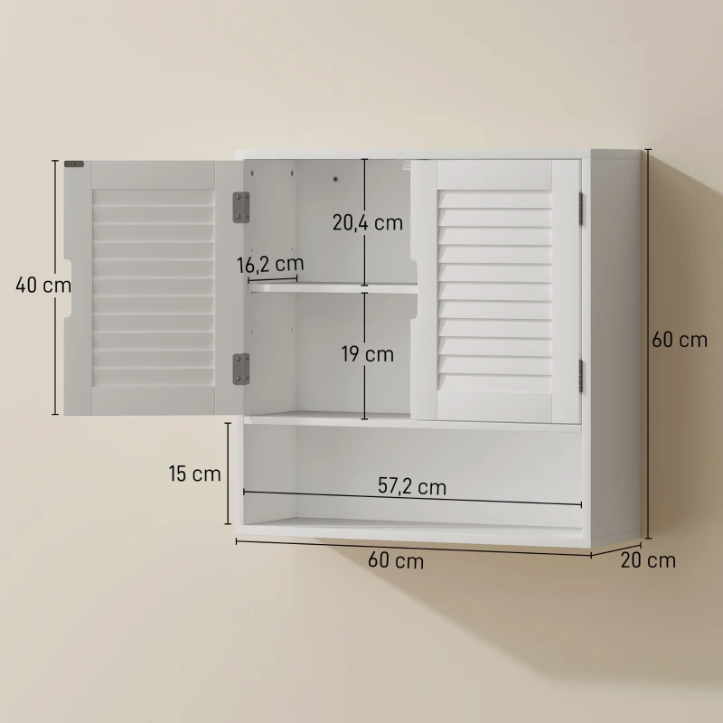 HOMCOM Armario mural de baño con puerta de lamas, estante ajustable y compartimento abierto, 60x20x60cm, blanco