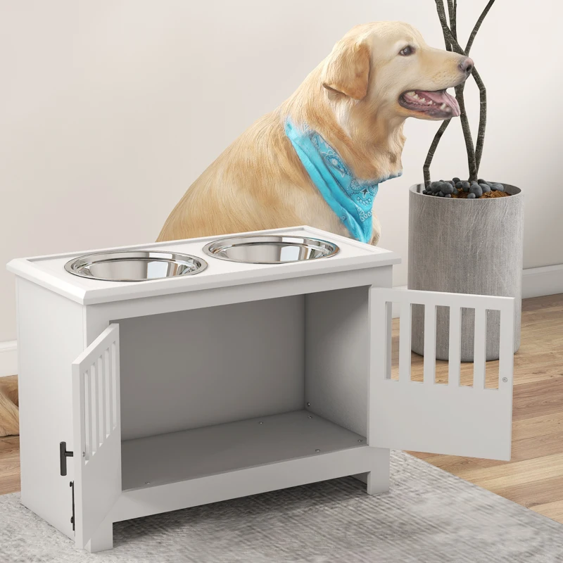 PawHut Comedouro Elevado para Cães com 2 Tigelas em Aço Inoxidável 2x2 L, Arrumação 37 L e 2 Portas com Trincos, Branco