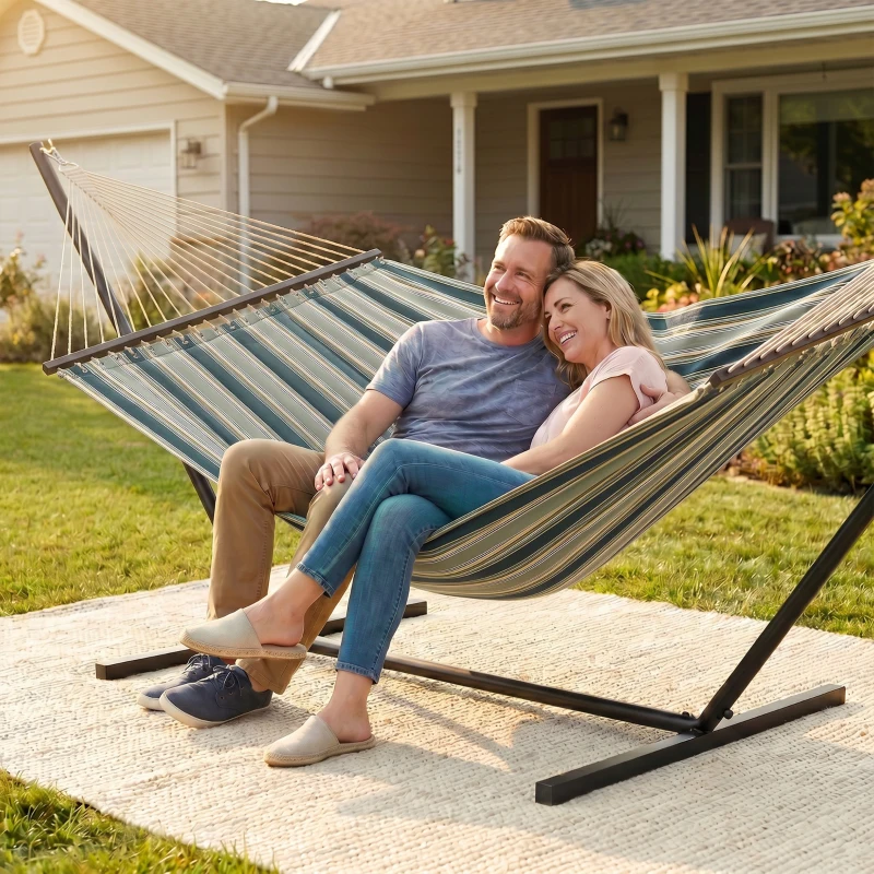 Outsunny Hamac sur pied 353 cm, hamac avec support acier avec coussin amovible et barres d'écartement, vert