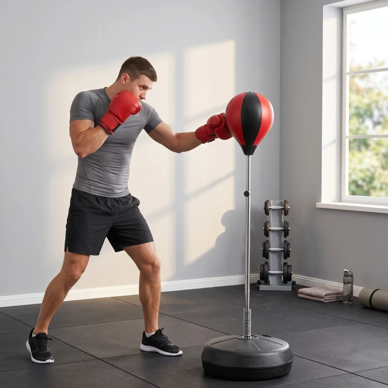 HOMCOM Saco de Boxeo de Pie Punching Ball con Altura Ajustable de 4 Niveles en 126-144 cm Base Rellenable de Agua o Arena Guantes y Inflador para Adolescentes Rojo y Negro