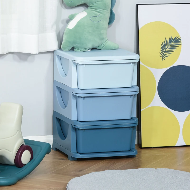 HOMCOM Organisateur de jouets pour enfants avec tiroirs à 3 niveaux, boîtes de rangement en plastique, 37 x 37 x 56,5 cm, bleu