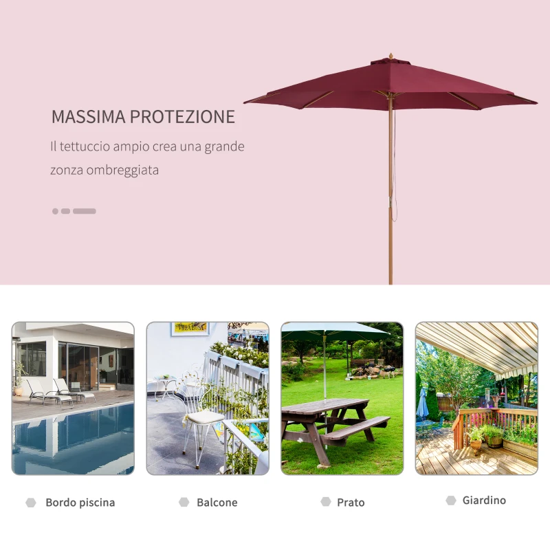Outsunny Ombrellone da Giardino 3x2.5 con Palo in Legno e 8 Stecche e Copertura in Poliestere Rosso Scuro