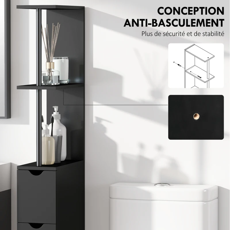 HOMCOM Meuble colonne salle de bain armoire de salle de bain avec tiroirs étagères ouvertes placard 15 x 33 x 136,8 cm noir