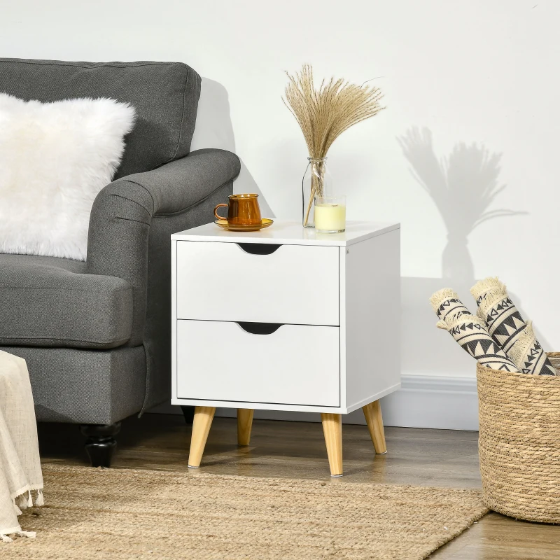HOMCOM Table de chevet table de nuit avec 2 tiroirs, style scandinave pour chambre à coucher, salon, 40 x 35 x 50,5 cm, blanc