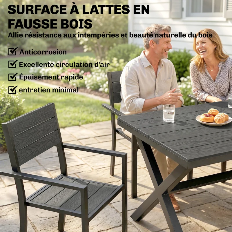 Outsunny Ensemble de Salle à Manger Extérieur 7 Pièces pour 6 Personnes, Table et Chaises Empilables avec Lattes Effet Bois, Cadre en Aluminium, Gris