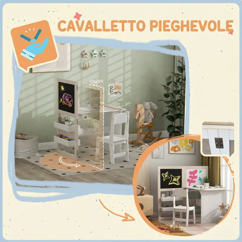 AIYAPLAY Set Tavolo e Sedia per Bambini 3-8 Anni con Lavagna Nera, Lavagna Bianca, Contenitori e Rotolo di Carta, Bianco