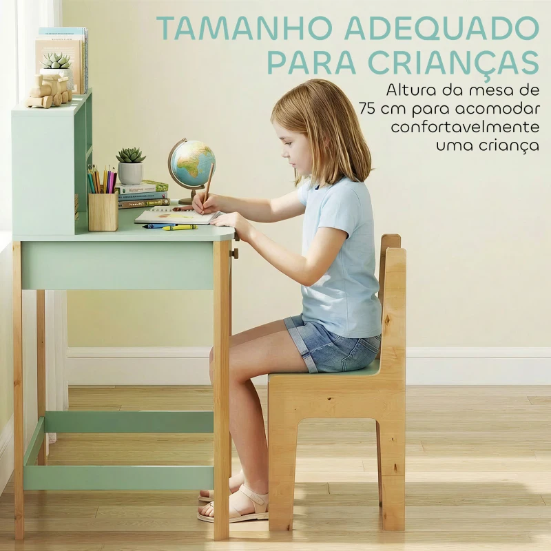 AIYAPLAY Secretária Infantil Mesa de Estudo para Crianças com 3 Compartimentos Abertos e 2 Gavetões 90x52x105 cm Verde