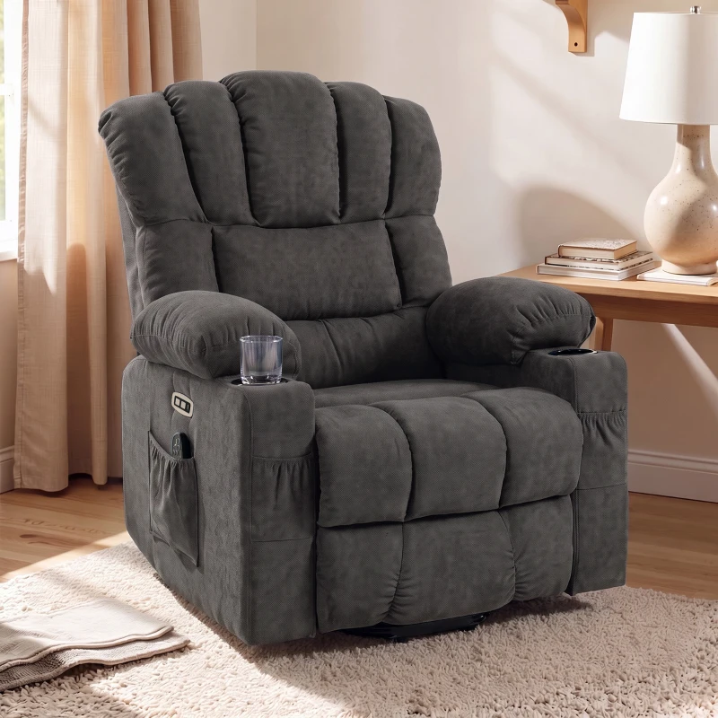 HOMCOM Sillón Relax Reclinable Eléctrico Levanta Personas Masaje Vibratorio y Calor Asiento Ancho USB-C USB-A Bolsillos Negro