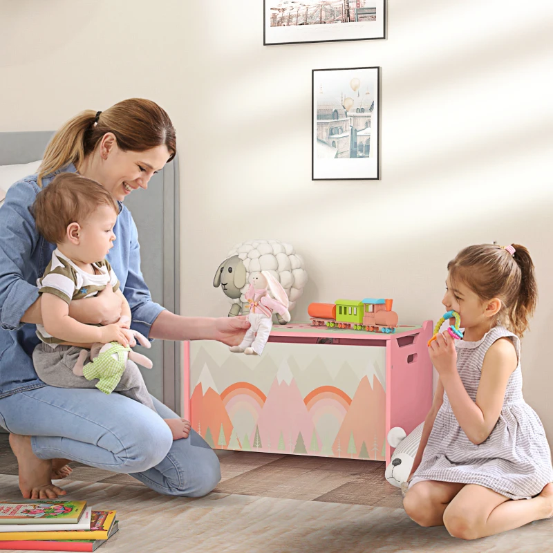 ZONEKIZ Coffre à jouet enfant coffre de rangement enfant couvercle rabattable motif de forêt coins arrondis 60 x 37 x 39 cm rose