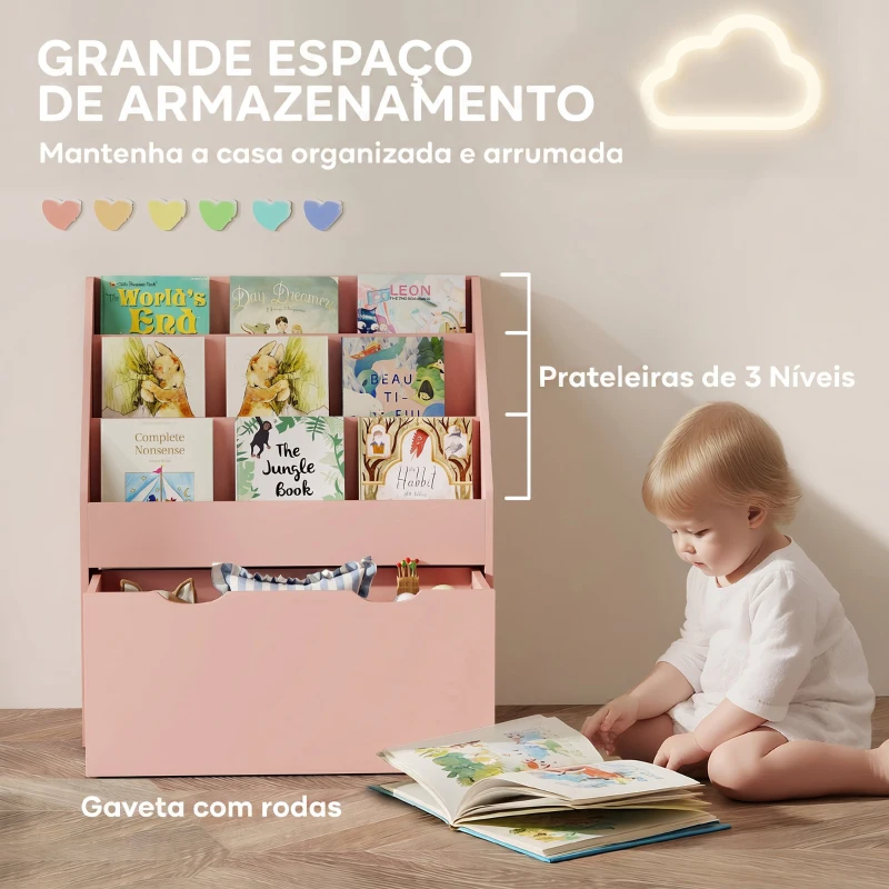 AIYAPLAY Estante para Livros Infantil de 4 Níveis com 3 Prateleiras e 1 Gaveta com Rodas 62,5x30x70 cm Rosa