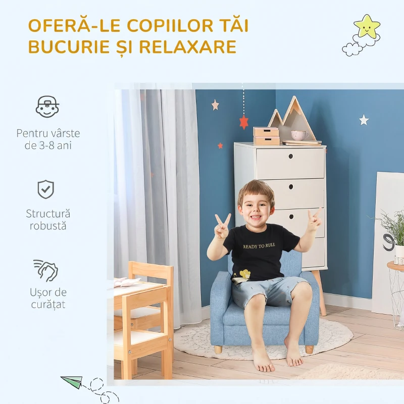 HOMCOM Fotoliu pentru Copii din Material Textil pentru Cameretta cu Capitonaj, Max. 65 kg, 49x45x44 cm, Albastru