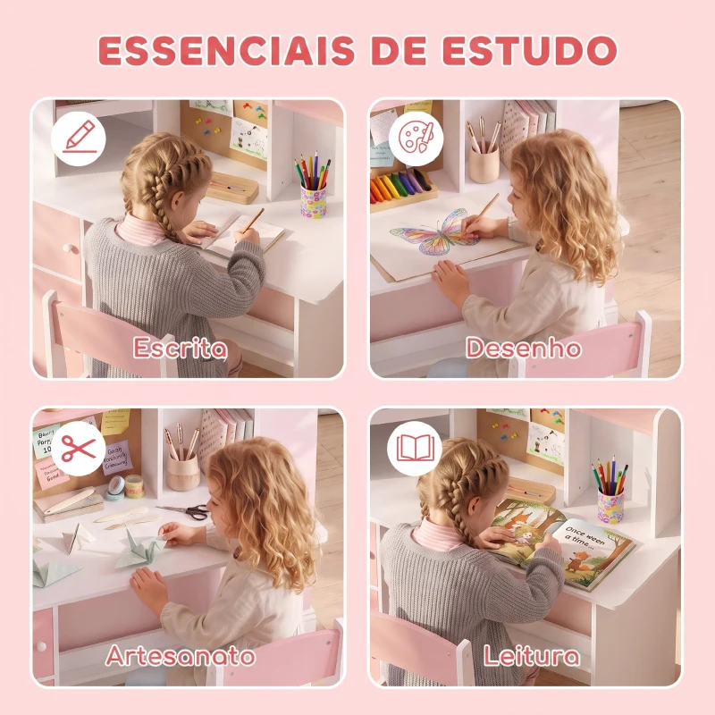 AIYAPLAY Secretária Infantil com Cadeira, Suporte Ajustável para Tablet, Porta-lápis, Quadro de Cortiça, Estantes e Armários, Rosa