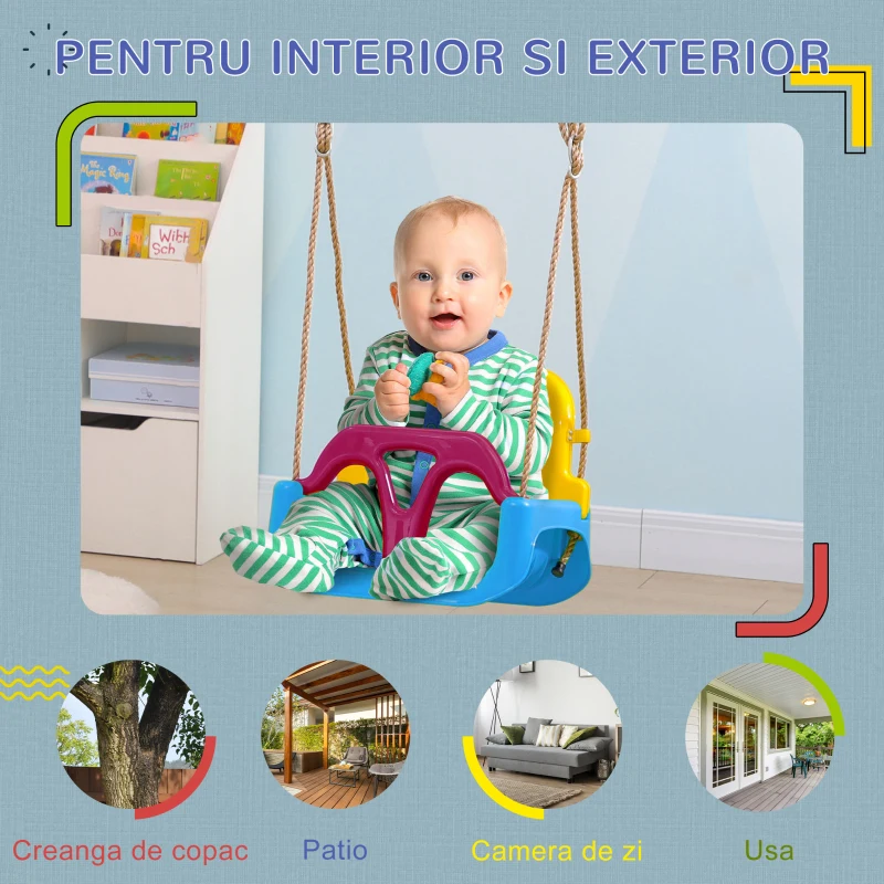 Outsunny Leagăn Copii 3 în 1 pentru Interior și Exterior, Frânghie Reglabilă și Centură de Siguranță, Vârsta 9-36 Luni, Albastru