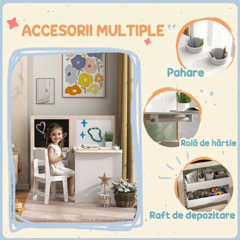 AIYAPLAY Set Masă și Scaun pentru Copii 3-8 Ani cu Tablă Neagră, Tablă Albă, Containere și Rulou de Hârtie, Alb