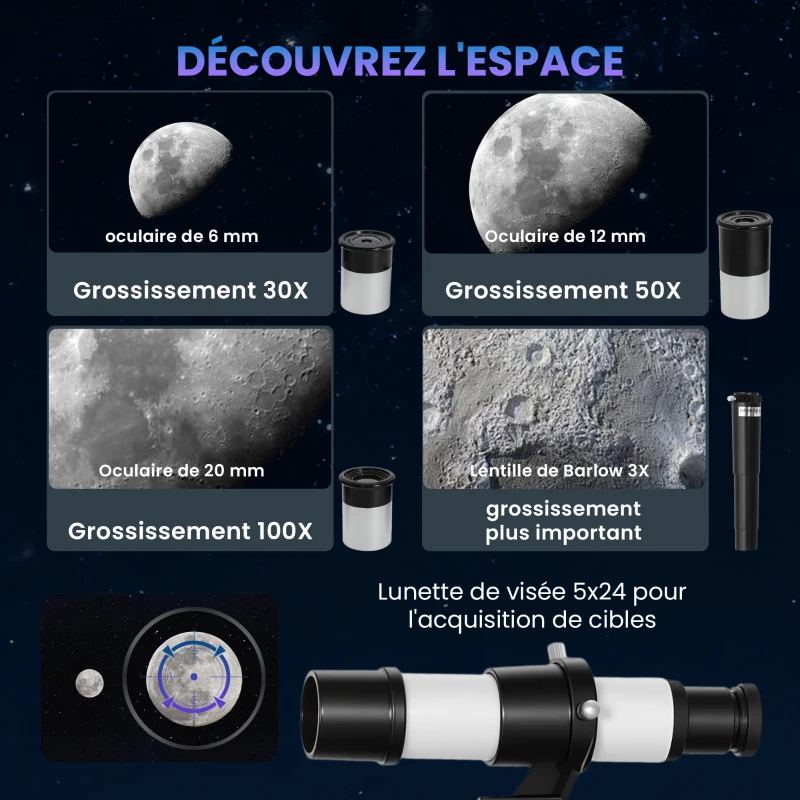 Outsunny Télescope Astronomique 70 mm, Télescope Réfracteur 100X/50X/30X avec 3 Oculaires, Monture AZ 300 mm, 76x76x133cm, Blanc