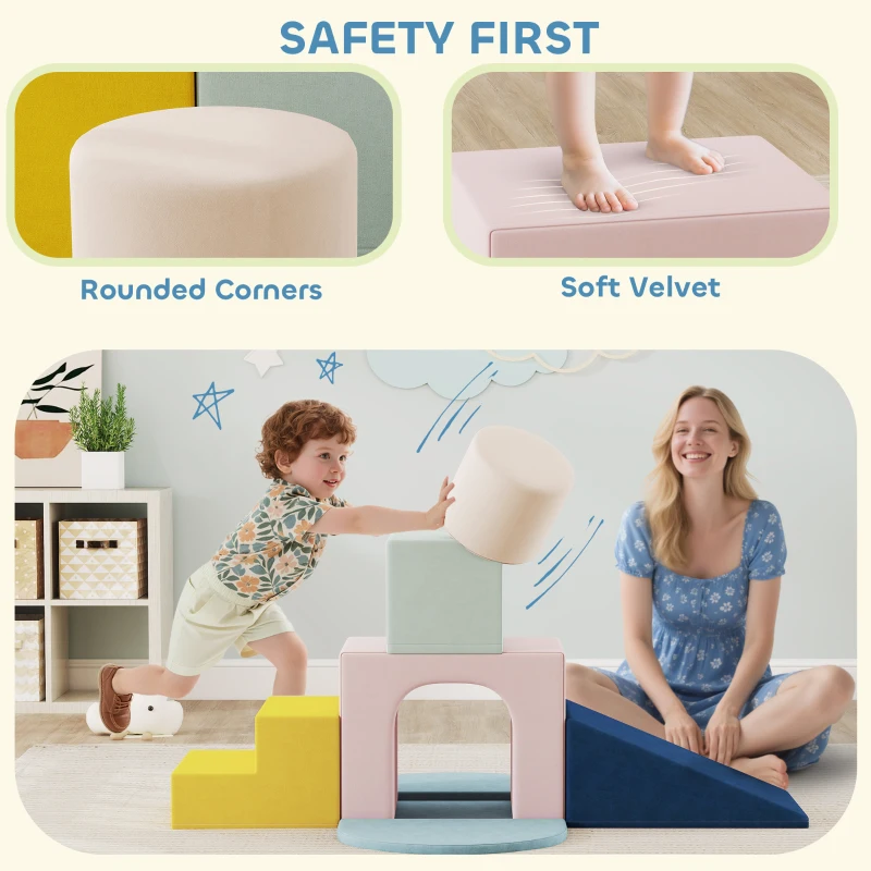 AIYAPLAY 8-Piece Foam Play Blocks for Kids, Soft Motor Skill Blocks with Washable Velvet Covers, Indoor Climbing Set, Multicolor