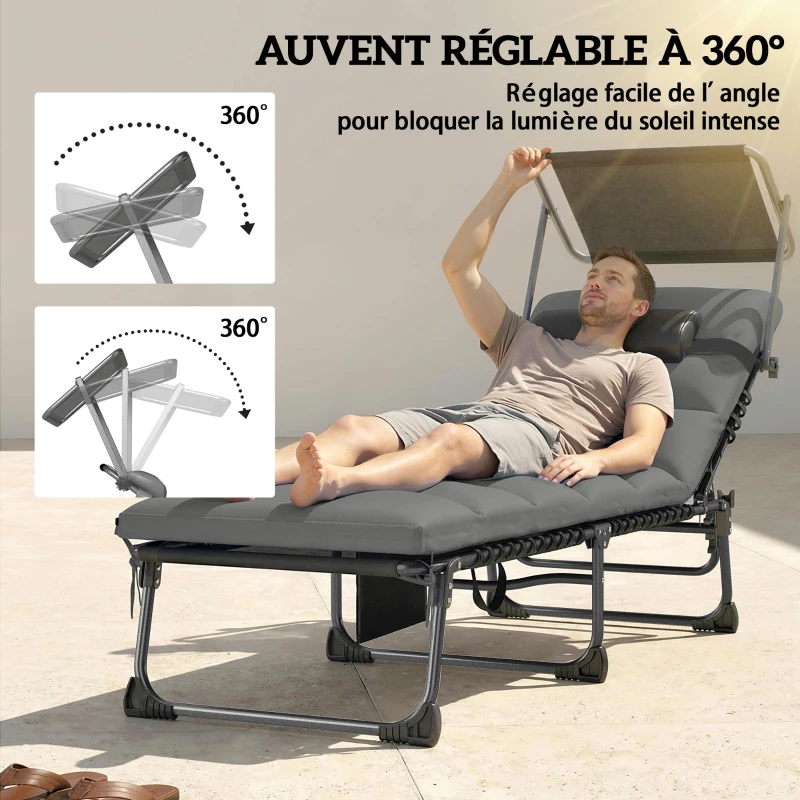 Outsunny Lot de 2 transats pliants avec pare-soleil, chaises longues inclinables avec coussin, poche latérale et poignée de transport, gris foncé