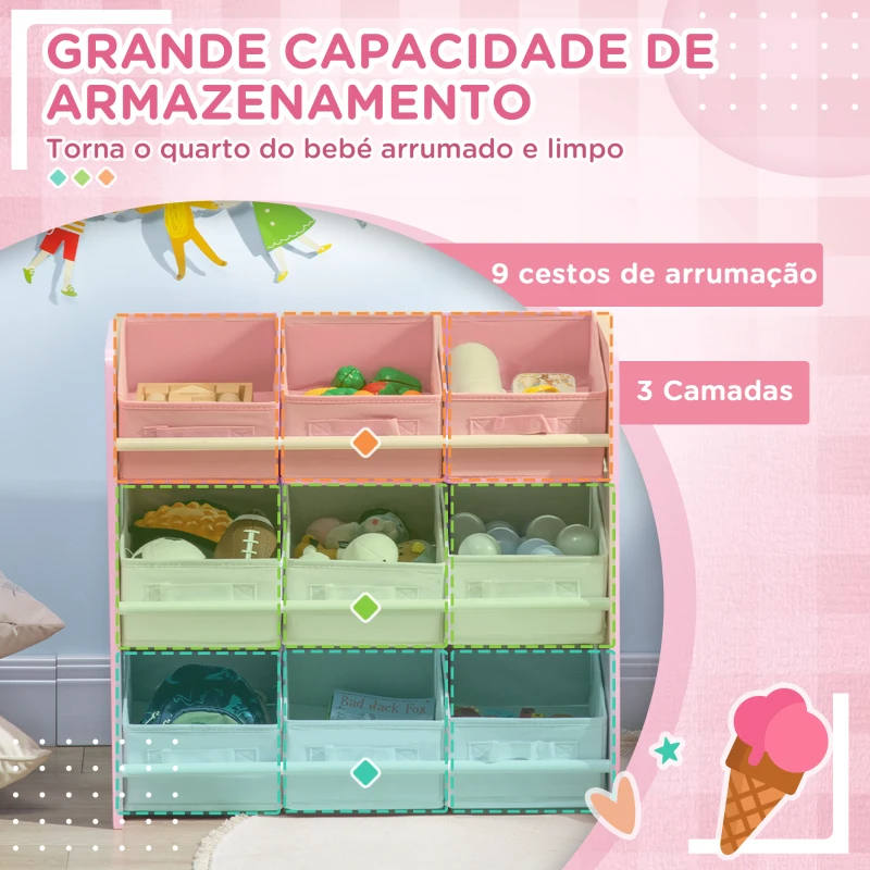 ZONEKIZ Estante para Brinquedos com 9 Caixas de Tecido não Tecido Amovíveis Organizador de Brinquedos 63x30x60 cm Rosa