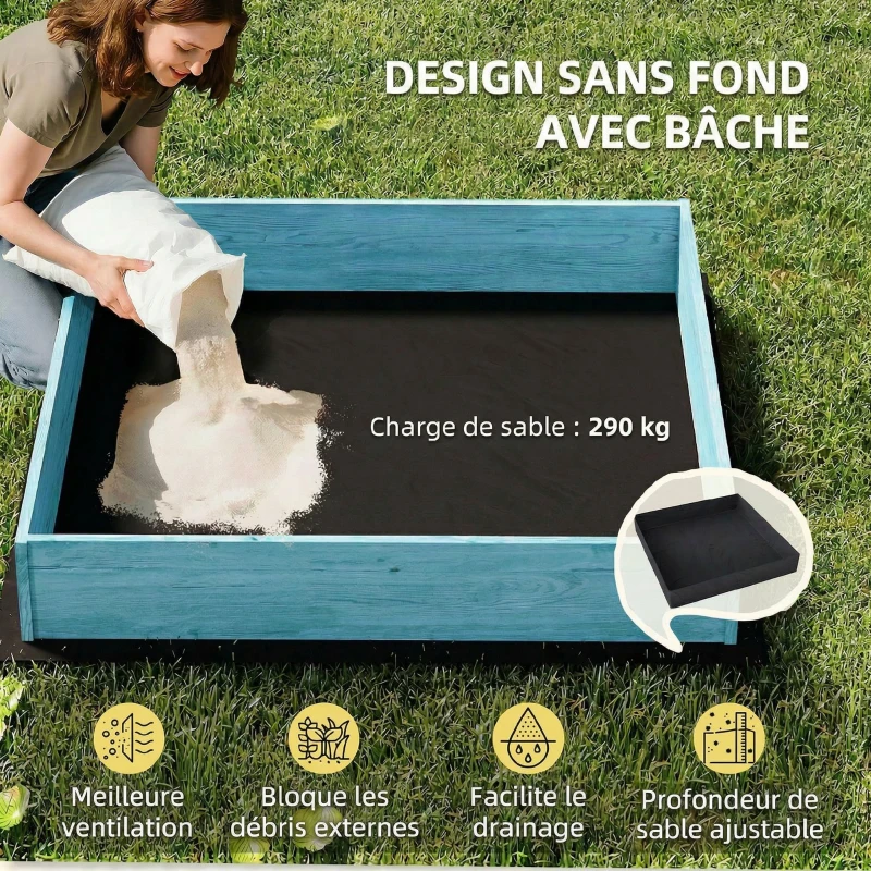 AIYAPLAY Bac à sable en bois avec couvercle, bac à sable enfant extérieur avec siège pliable toile imprimée flamants bleus