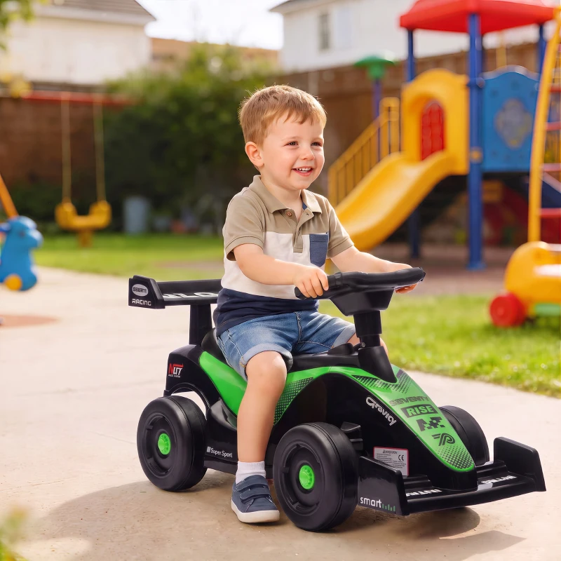 AIYAPLAY Porteur enfants voiture F1, véhicule à pousser avec volant musical, roues silencieuses et coffre, 18-36 mois, vert