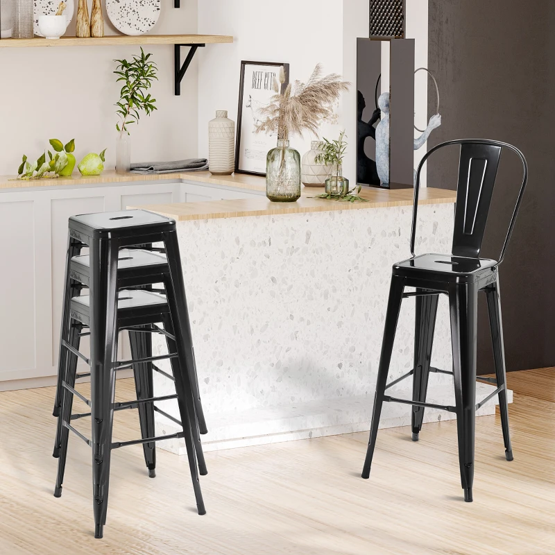 HOMCOM Lot de 4 tabourets de Bar Empilable Chaise de Bar Industriel avec Dossier Repose-Pied Hauteur d'Assise 76 cm métal Noir
