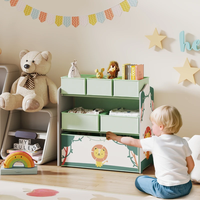 AIYAPLAY Estantería Infantil para Juguetes de 3 Niveles con 6 Cajas Extraíbles de Tela no Tejida para Guardería 63x30x66 cm Verde