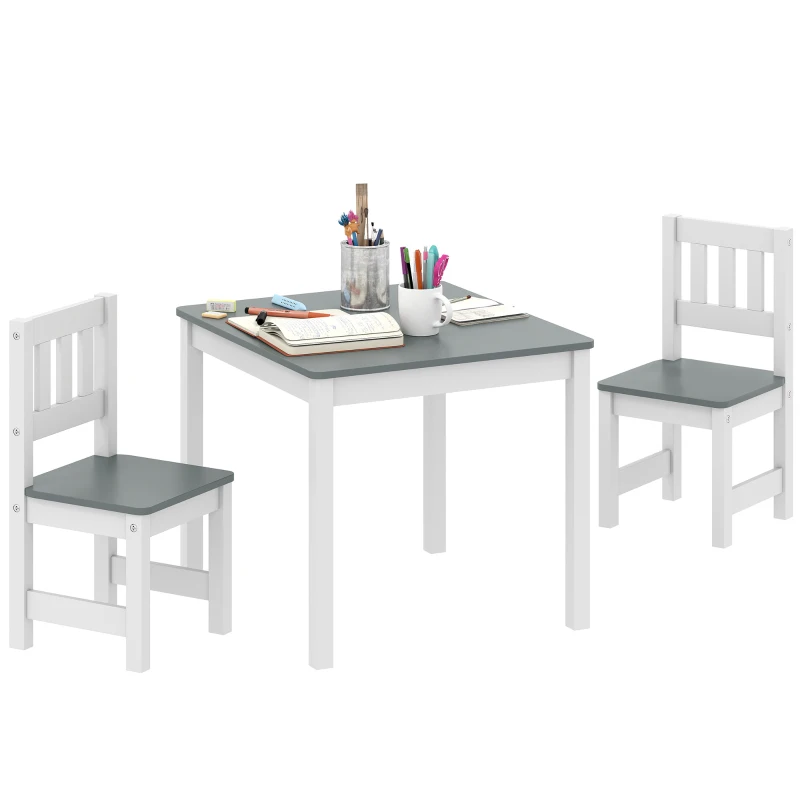 AIYAPLAY Kindertafel met 2 stoelen, 3-delige kinderset – MDF & vurenhout, 56 x 52 x 48 cm, grijs