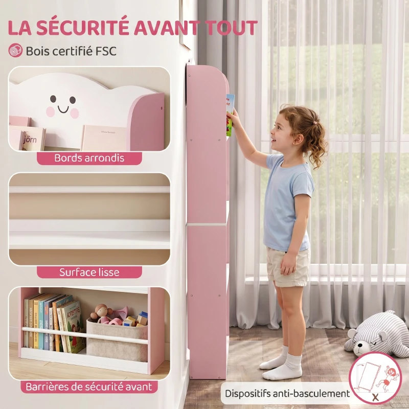 AIYAPLAY Bibliothèque pour enfant, rangement livre enfant 4 niveaux en thème barbe à papa, 60x12x108cm, rose
