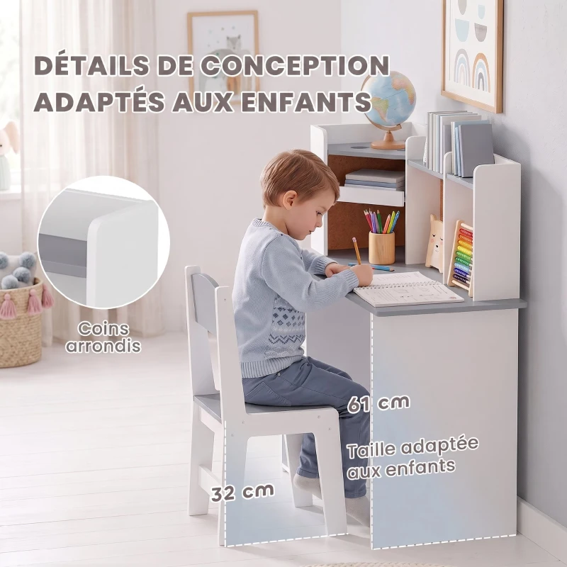 AIYAPLAY Bureau Enfant avec Chaise, Table d'Étude, Support de Tablette Réglable, Porte-Stylos, Panneau en Liège, 5-12 ans, Gris