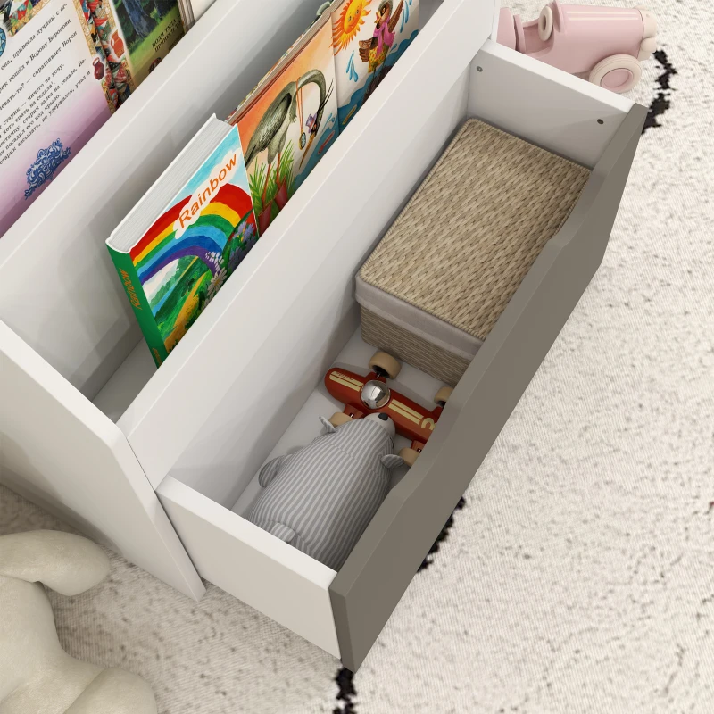 AIYAPLAY Bibliothèque pour enfants Multi-Rangement avec 3 niveaux d'étagères et un tiroir, 62,5L x 30l x 70H cm, gris et blanc