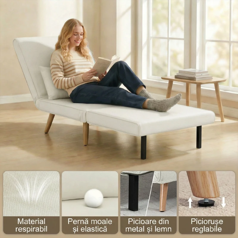 HOMCOM Fotoliu Pat 3 în 1, Reclinabil în 5 Trepte, Material Tip In, cu Pernă, Crem