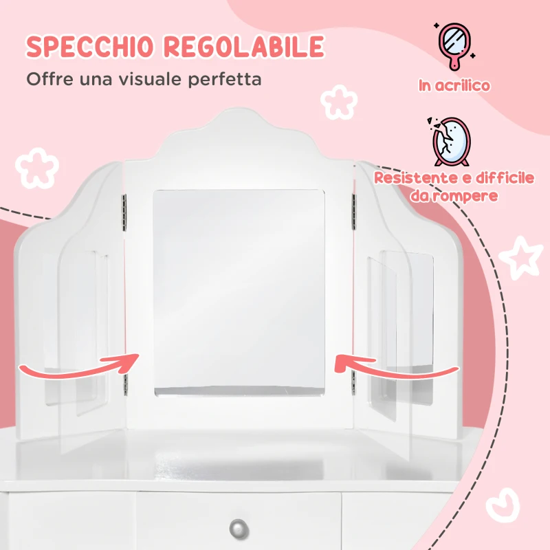 HOMCOM Tavolo da Trucco per Bambini con Sgabello e Triplo Specchio, in Legno e Acrilico, 63x40x85.5 cm, Bianco