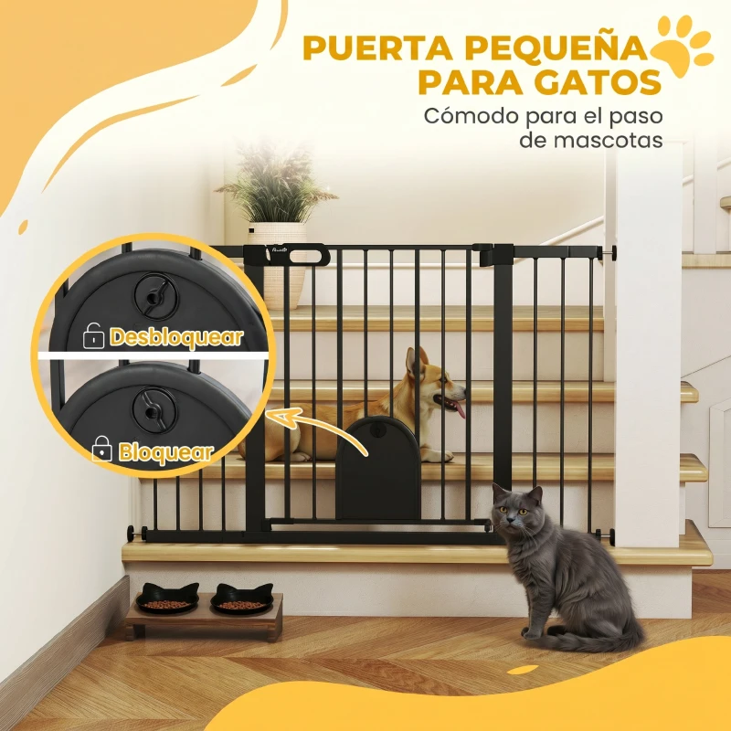 PawHut Barrera de Seguridad para Perros con Puerta Pequeña para Escaleras y Puertas 75-131 cm con 3 Extensiones Negro