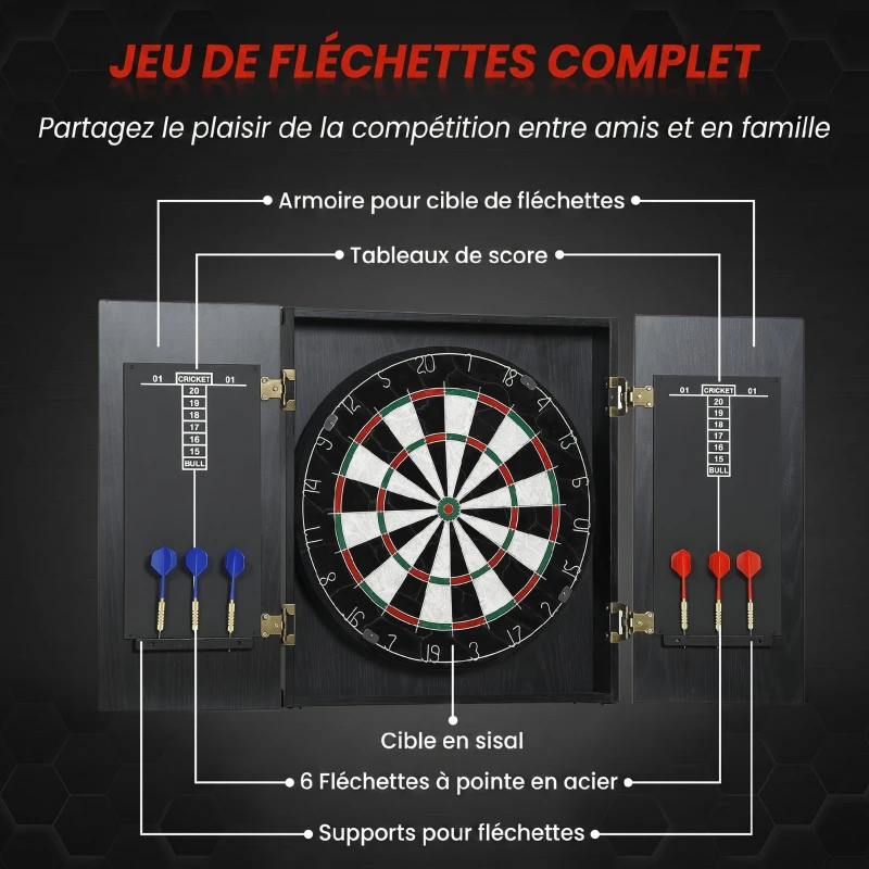 SPORTNOW Cible de Fléchettes en Sisal avec Cabinet, 6 Fléchettes Pointe Acier et 2 Tableaux de Score, 100x55x9cm, Noir