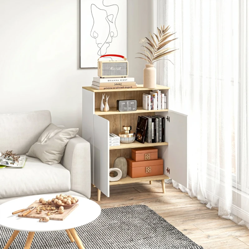 HOMCOM Bufet de bucătărie scandinav cu 2 uși, raft reglabil și picioare din lemn de pin, 80x38x102 cm, alb și stejar