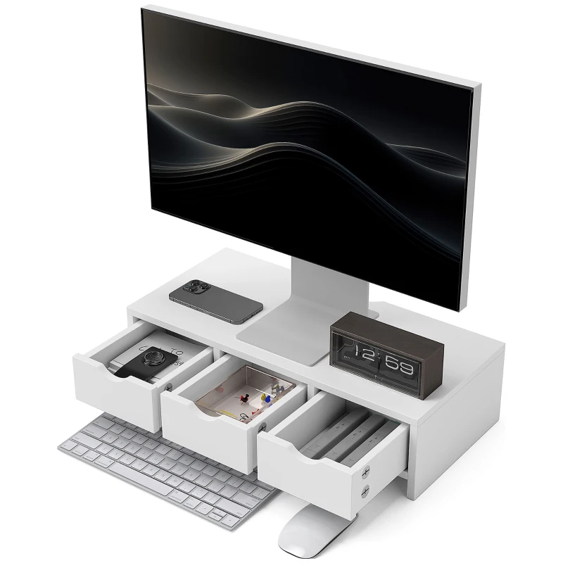 HOMCOM Ridicător monitor, Suport pentru birou cu 3 sertare pentru PC/Laptop 51x24x13 cm Alb