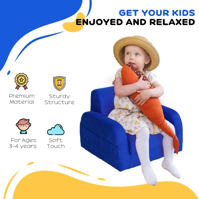 HOMCOM 2 In 1 Kids Armchair Sofa Bed Fold Out Padded Wood Frame Bedroom Blue