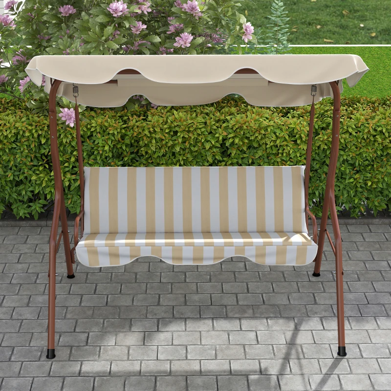 Outsunny Balancelle de Jardin 3 Places Toit imperméabilisé Inclinaison réglable Coussins Assise Dossier marron, crème rayé