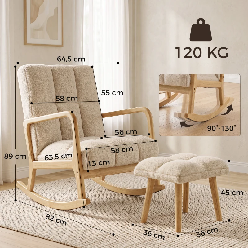 HOMCOM Sillón mecedor con reposapiés, mecedora en tejido bouclé, patas de madera, 64,5 x 82 x 89 cm, beige