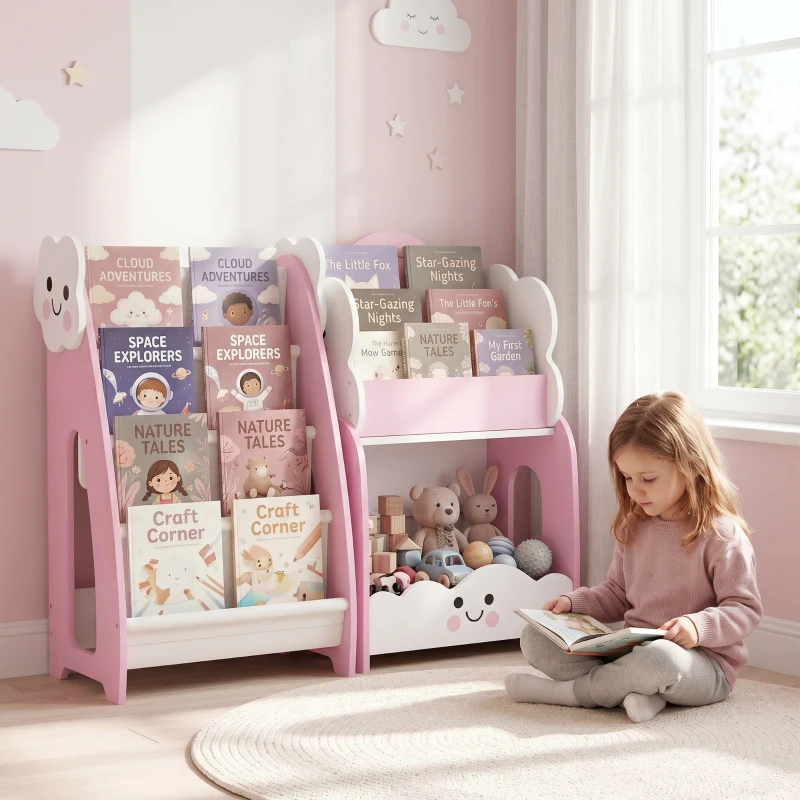 AIYAPLAY Meuble rangement enfant 3 à 8 ans, rangement jouets enfant modulaire avec porte-magazines à 4 étagères, rose