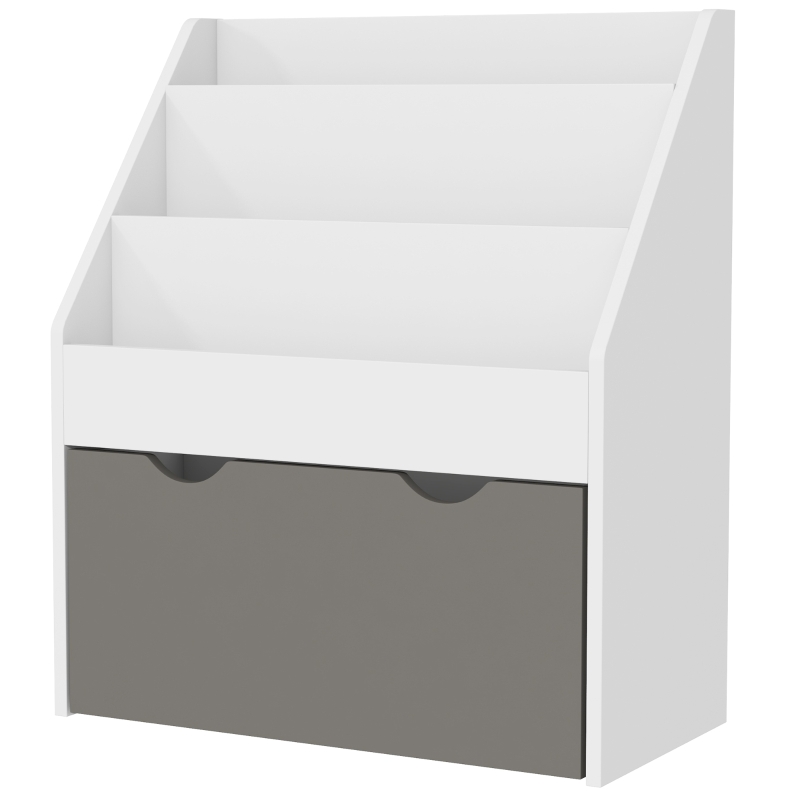 AIYAPLAY Bibliothèque pour enfants Multi-Rangement avec 3 niveaux d'étagères et un tiroir, 62,5L x 30l x 70H cm, gris et blanc