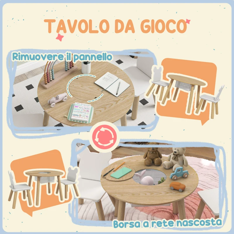 AIYAPLAY Set con Tavolo e 2 Sedie per Bambini con Schienale a Orsetto, Tavolino con Vano Contenitore, Color Legno