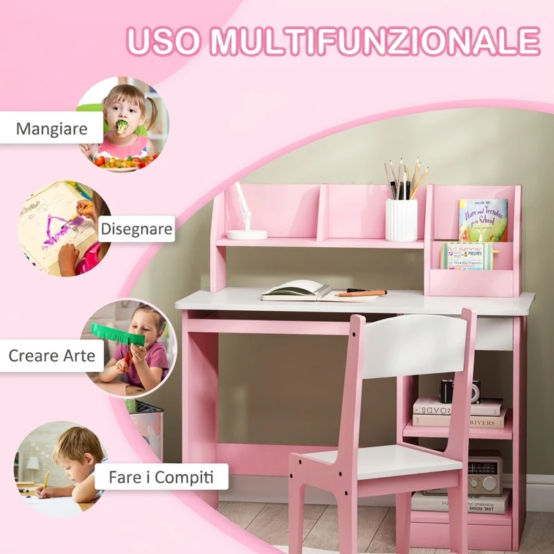 ZONEKIZ Tavolo Scrivania per Bambini 5-8 Anni con Sedia, Scaffale, Mensola Estraibile e Cassetto, Rosa