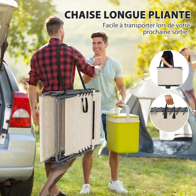 Outsunny Bain de soleil pliante dossier réglable sur 5 niveaux, plateau, appuie-tête, poche latérale 60x190x31cm, crème