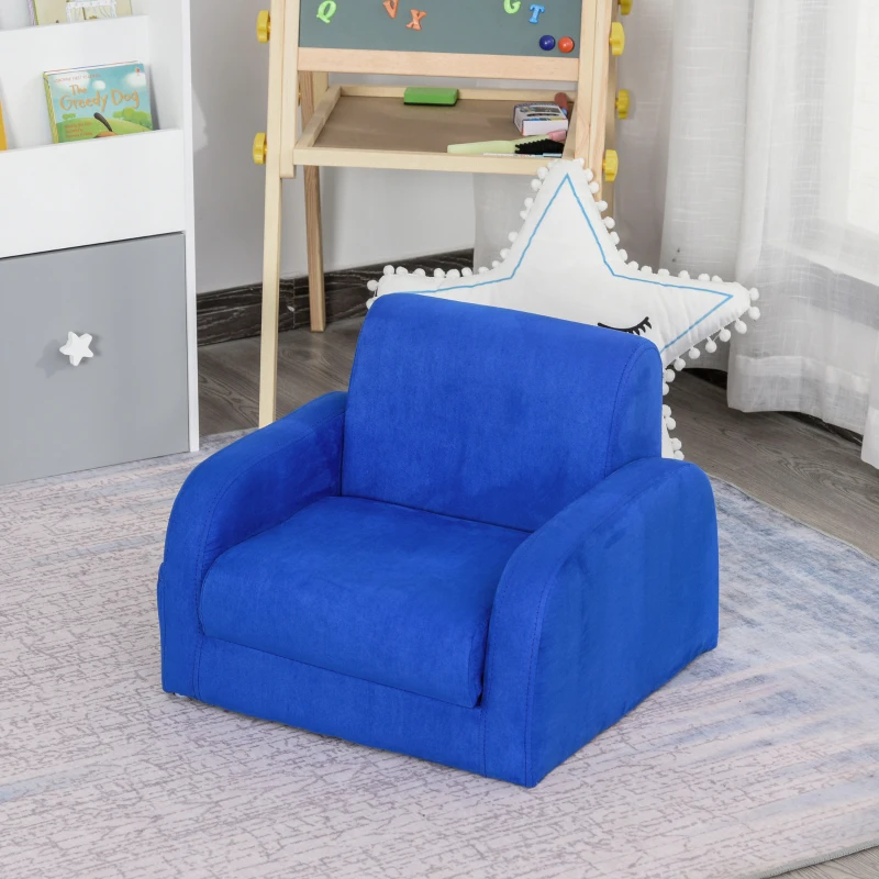 HOMCOM 2 In 1 Kids Armchair Sofa Bed Fold Out Padded Wood Frame Bedroom Blue