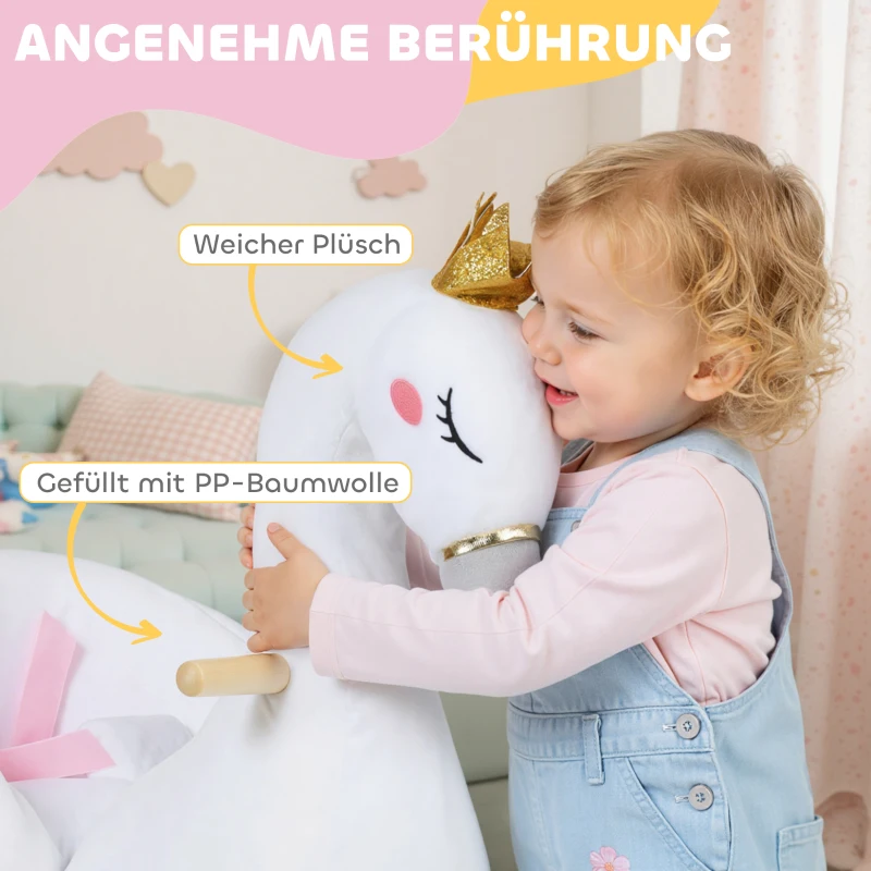 AIYAPLAY Schommeldier, zwaan-schommel met slaapliedje, zachte vulling, houten frame, voor kinderen 1,5-3 jaar, 65x40x68 cm, Wit