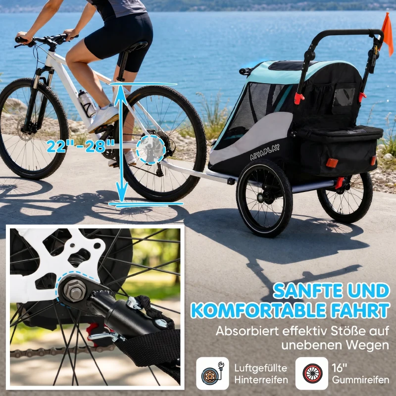 AIYAPLAY 2 in 1 Fahrradanhänger & Buggy Faltbar Kinderfahrradanhänger mit 5-Punkt Gurt Reflektoren 16-Zoll-Luftreifen Bremse