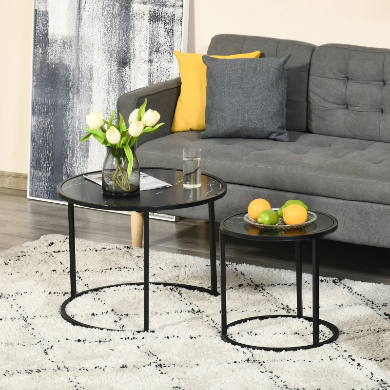HOMCOM Lot de 2 Tables Basses Rondes gigogne empilables Plateau en bois aspect marbre et Pieds en métal Noir